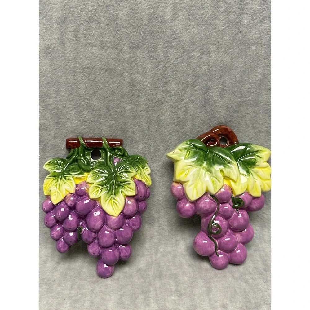 Vintage Ceramic 3D Grape Clusters Wall‎ Decor Set Purple Green Brown Kitchen Art